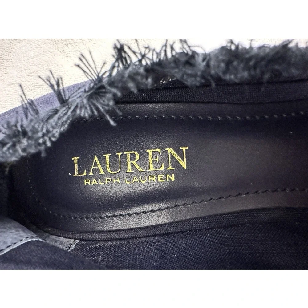 Ralph Lauren Linen Peep Toe Navy Blue Espadrilles Wedge Womens Sz 9‎ French chic
